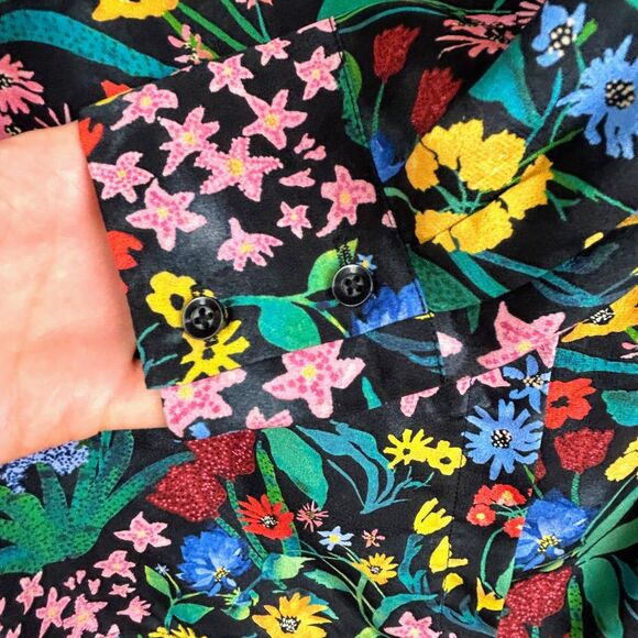 Alice + Olivia Eloise Silk Button Down Blouse Black Multi Color Floral Print  S - Picture 4 of 13